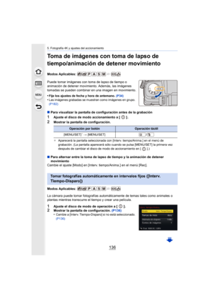 Page 1365. Fotografía 4K y ajustes del accionamiento
136
Toma de imágenes con toma de lapso de 
tiempo/animación de detener movimiento
Modos Aplicables: 
Puede tomar imágenes con toma de lapso de tiempo o 
animación de detener movimiento. Además, las imágenes 
tomadas se pueden combinar en una imagen en movimiento.
•
Fije los ajustes de fecha y hora de antemano. (P34)•Las imágenes grabadas se muestran como imágenes en grupo. 
(P182)
∫Para visualizar la pantalla de configuración antes de la grabac ión
1Ajuste el...