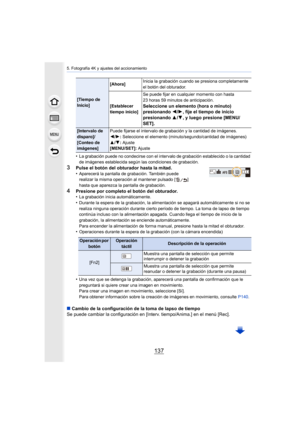 Page 137137
5. Fotografía 4K y ajustes del accionamiento
•La grabación puede no condecirse con el intervalo de grabación establecido o la cantidad 
de imágenes establecida según las condiciones de grabación.
3Pulse el botón del obturador hasta la mitad.
•Aparecerá la pantalla de grabación. También puede 
realizar la misma operación al mantener pulsado [ ] 
hasta que aparezca la pantalla de grabación.
4Presione por completo el botón del obturador.
•La grabación inicia automáticamente.•Durante la espera de la...