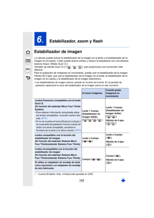 Page 144144
6.  Estabilizador, zoom y flash
Estabilizador de imagen
La cámara puede activar el estabilizador de la imagen en la len te o el estabilizador de la 
imagen en el cuerpo, o bien puede activar ambos y reducir la tr epidación con una eficacia 
todavía mayor. (Modo Dual I.S.)
También se admite Dual I.S.2 ( ,  ,  ), que proporciona una correcc ión más 
efectiva.
Para la grabación de imágenes en movimiento, puede usar el esta bilizador de la imagen 
híbrido de 5 ejes, que usa el estabilizador de la imagen...