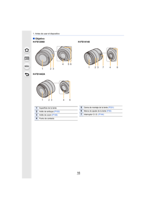 Page 161. Antes de usar el dispositivo
16
∫Objetivo
H-FS12060 H-FS14140
H-FS1442A
23 4
56
11237 4 6
23 4 6
1
1Superficie de la lente
2Anillo de enfoque  (P102)
3Anillo de zoom (P148)
4Punto de contacto
5Goma de montaje de la lente  (P331)
6Marca de ajuste de la lente (P30)
7Interruptor O.I.S. (P144) 