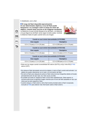 Page 155155
6. Estabilizador, zoom y flash
∫El rango del flash disponible (aproximación)
Al usar determinados objetivos, la luz del flash puede 
bloquearse o no conseguir cubrir el campo de visión del 
objetivo, creando áreas oscuras en las imágenes resultantes.
La distancia a la que la lente bloquea la luz del flash, y la d istancia 
a la que llega la luz del flash varían según la lente usada. Co ntrole 
la distancia hasta el sujeto cuando tome una imagen.
•
Estos son los rangos cuando la sensibilidad ISO está...