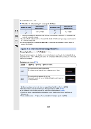 Page 159159
6. Estabilizador, zoom y flash
∫Velocidad de obturación para cada ajuste del flash
¢Esto se convierte en 60 segundos en el modo AE con prioridad al  obturador y B (Bombilla) en el 
modo de exposición manual.
•Cuando el flash está activado la velocidad más rápida del obtur ador que se puede seleccionar 
es 1/160 de un segundo.
•En el modo automático inteligente (  o  ), la velocidad del obtur ador cambia según la 
escena identificada.
Modos Aplicables: 
Cuando toma imágenes de objetos en movimiento...