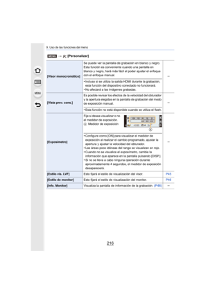 Page 2169. Uso de las funciones del menú
216
[Visor monocromático]Se puede ver la pantalla de grabación en blanco y negro. 
Esta función es conveniente cuando una pantalla en 
blanco y negro, hará más fácil el poder ajustar el enfoque 
con el enfoque manual.
•Incluso si se utiliza la salida HDMI durante la grabación, 
esta función del dispositivo conectado no funcionará.
•No afectará a las imágenes grabadas.
s
[Vista prev. cons.]
Es posible revisar los efectos de la velocidad del obturador 
y la apertura...