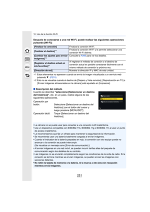 Page 251251
10. Uso de la función Wi-Fi
Después de conectarse a una red Wi-Fi, puede realizar las siguientes operaciones 
pulsando [Wi-Fi]:
¢ 1 Estos elementos no aparecen cuando se envía la imagen visualiz ada a un servicio web 
pulsando 4.  (P274)
¢ 2 Esto no se visualiza cuando el destino de [Disparo y Vista rem otos], [Reproducción en TV] o 
[Enviar imágenes almacenadas en la cámara]  está ajustado en [Im presora] .
∫Descripción del método
Cuando se describe  “seleccione [Seleccionar un destino 
del...