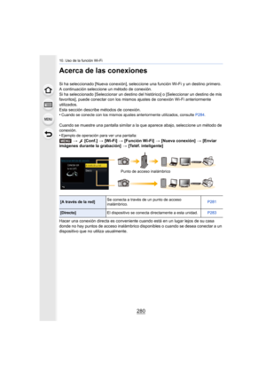 Page 28010. Uso de la función Wi-Fi
280
Acerca de las conexiones
Si ha seleccionado [Nueva conexión], seleccione una función Wi-Fi y un destino primero. 
A continuación seleccione un método de conexión.
Si ha seleccionado [Seleccionar un destino del histórico] o [Seleccionar un destino de mis 
favoritos], puede conectar con los mismos ajustes de conexión W i-Fi anteriormente 
utilizados.
Esta sección describe métodos de conexión.
•
Cuando se conecte con los mismos ajustes anteriormente utilizad os, consulte...