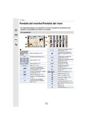 Page 311311
12. Otros
Pantalla del monitor/Pantalla del visor
•Las siguientes imágenes son ejemplos de cuando la pantalla de visualización está 
ajustada en [ ] (estilo de monitor) en el monitor.
En la grabación
BKT
BKT
BKT
BKT
BKT
BKT98
98
98200
0020020060
60
60
3.5
3.5
3.5
AFS
AFS
AFSBKT
BKT
BKTL4:3
0
0AEL
AEL
AELBKT
BKT
BKTAWB
AWB
AWB
60 p0é0å0ó
0é0å0ó
I
ISO
SS
S
SS
F
FMINI
MINI
MINI
MINI··




Fn10
Fn10
Fn10
Fn10 Fn7 Fn7 Fn7
Fn7 Fn6 Fn6 Fn6
Fn6
Fn8 Fn8 Fn8
Fn8
Fn9
Fn9
Fn9
Fn9SNAP
SNAPSNAP
1
Modo de...