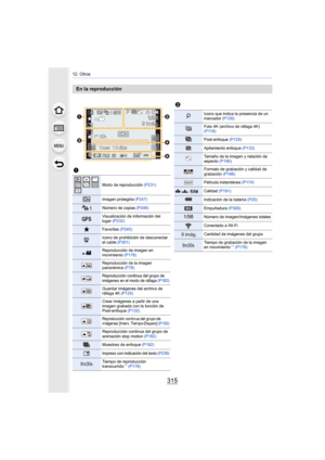 Page 315315
12. Otros
En la reproducción
1
Modo de reproducción (P231)
Imagen protegida (P247)
Número de copias  (P246)
Visualización de información del 
lugar (P232)
ÜFavoritas  (P245)
åIcono de prohibición de desconectar 
el cable (P301)
Reproducción de imagen en 
movimiento  (P178)
Reproducción de la imagen 
panorámica  (P78)
Reproducción continua del grupo de 
imágenes en el modo de ráfaga  (P182)
Guardar imágenes del archivo de 
ráfaga 4K (P125)
Crear imágenes a partir de una 
imagen grabada con la función...