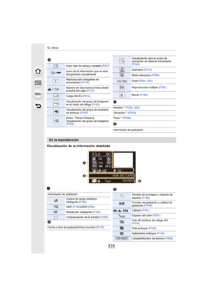 Page 31612. Otros
316
Visualización de la información detallada
En la reproducción
3
Ícono claro de retoque completo (P237)
Icono de la información que se está 
recuperando actualmente
Reproducción (imágenes en 
movimiento) (P178)
Número de días transcurridos desde 
la fecha del viaje  (P219)
Carga (Wi-Fi) (P274)
Visualización del grupo de imágenes 
en el modo de ráfaga  (P183)
Visualización del grupo de muestreo 
de enfoque (P183)
[Interv. Tiempo-Disparo] 
Visualización del grupo de imágenes 
(P183)...