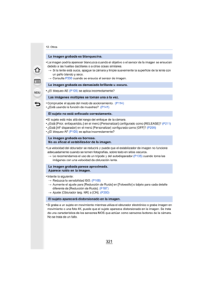 Page 321321
12. Otros
•La imagen podría aparecer blancuzca cuando el objetivo o el sensor de la imagen se ensucian 
debido a las huellas dactilares o a otras cosas similares.
> Si la lente está sucia, apague la cámara y limpie suavemente la  superficie de la lente con 
un paño blando y seco.
> Consulte  P330 cuando se ensucia el sensor de imagen.
•¿El bloqueo AE  (P105) se aplica incorrectamente?
•Compruebe el ajuste del modo de accionamiento.   (P114)•¿Está usando la función de muestreo?  (P141)
•El sujeto está...