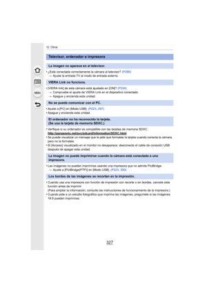 Page 327327
12. Otros
•¿Está conectada correctamente la cámara al televisor? (P290)
> Ajuste la entrada TV al modo de entrada externo.
•[VIERA link] de esta cámara está ajustado en [ON]?  (P224)
> Compruebe el ajuste de VIERA Link en el dispositivo conectado.
> Apague y encienda esta unidad.
•Ajuste a [PC] en [Modo USB].  (P223, 297)
•Apague y encienda esta unidad.
•Verifique si su ordenador es compatible con las tarjetas de mem oria SDXC.
http://panasonic.net/avc/sdcard/information/SDXC.html
•Se puede...