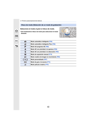 Page 402. Primeros pasos/operaciones básicas
40
Seleccione el modo al girar el disco de modo.
•Gire lentamente el disco de modo para seleccionar el modo 
deseado.
Disco de modo (Selección de un modo de grabación)
Modo automático inteligente (P59)
Modo automático inteligente Plus  (P60)
Modo del programa AE (P66)
Modo AE con prioridad a la apertura  (P69)
Modo AE con prioridad a la obturación  (P69)
Modo de exposición manual (P70)
Modo creativo de imagen en movimiento  (P85)
/Modo personalizado  (P87)
Modo de...