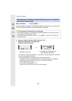 Page 7373
3. Modos de grabación
Modos Aplicables: 
Cuando el ajuste de exposición es demasiado brillante o demasiado oscuro, puede usar 
un toque de AE para alcanzar  un ajuste de exposición adecuado.
1Ajuste un botón de función en [AE 1 pulsac.]. (P55)
2(Cuando la exposición no es adecuada)
Presione el botón de función .
•
Se visualiza el medidor de exposición, y se cambian la velocida d de apertura y obturación 
para dar una exposición adecuada.
•En los siguientes casos, no se puede fijar la exposición adecua...