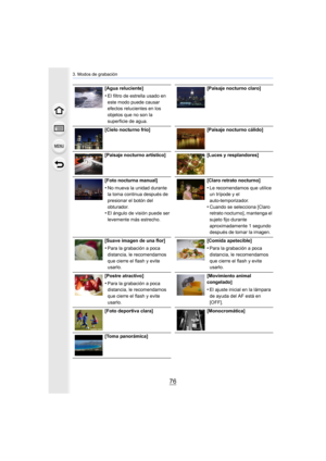 Page 763. Modos de grabación
76
[Agua reluciente]
•El filtro de estrella usado en 
este modo puede causar 
efectos relucientes en los 
objetos que no son la 
superficie de agua.[Paisaje nocturno claro]
[Cielo nocturno frío] [Paisaje nocturno cálido]
[Paisaje nocturno artístico] [Luces y resplandores]
[Foto nocturna manual]
•No mueva la unidad durante 
la toma continua después de 
presionar el botón del 
obturador.
•El ángulo de visión puede ser 
levemente más estrecho. [Claro retrato nocturno]
•Le recomendamos...