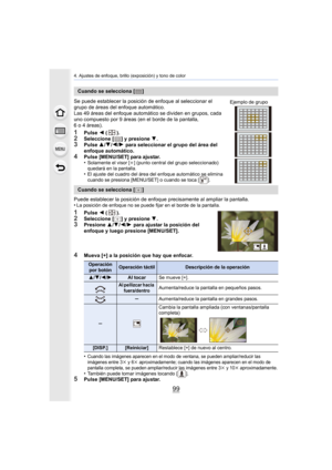 Page 9999
4. Ajustes de enfoque, brillo (exposición) y tono de color
Se puede establecer la posición de enfoque al seleccionar el 
grupo de áreas del enfoque automático.
Las 49 áreas del enfoque automático se dividen en grupos, cada 
uno compuesto por 9 áreas (en el borde de la pantalla, 
6 o 4 áreas).
1Pulse 2 ().2Seleccione [ ] y presione  4.3Pulse  3/4 /2/ 1 para seleccionar el grupo del área del 
enfoque automático.
4Pulse [MENU/SET] para ajustar.
•Solamente el visor [ i] (punto central del grupo...