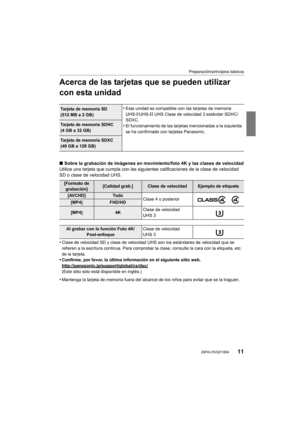 Page 1111
Preparación/principios básicos
 (SPA) DVQX1004
Acerca de las tarjetas que se pueden utilizar 
con esta unidad
∫Sobre la grabación de imágenes en movimiento/foto 4K y las clas es de velocidad
Utilice una tarjeta que cumpla con las siguientes calificacione s de la clase de velocidad 
SD o clase de velocidad UHS.
•
Clase de velocidad SD y clase de velocidad UHS son los estándar es de velocidad que se 
refieren a la escritura continua. Para comprobar la clase, cons ulte la cara con la etiqueta, etc. 
de...