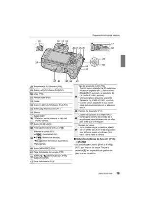 Page 1919
Preparación/principios básicos
 (SPA) DVQX1004
0ê0ô0ð
0ç10Ô2839
40
42
30 31
34
3536
33
32
47 4344
37
41
29
4645
38
∫Sobre los botones de función ([Fn6] 
a [Fn10])
•
Los botones de función ([Fn6] a [Fn10]) 
(P25) son iconos de toque. Toque la 
pestaña [ ] en la pantalla de grabación 
para que se muestren.
28Pantalla táctil (P23)/monitor (P58)
29Botón [LVF] (P23)/Botón [Fn5] (P25)
30Visor (P23)
31Sensor ocular (P23)
32Ocular
33Botón [Q.MENU] (P25)/Botón [Fn2] (P25)
34Botón [( ] (Reproducción) (P43)...