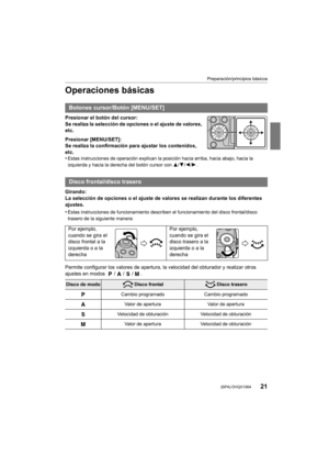 Page 2121
Preparación/principios básicos
 (SPA) DVQX1004
Operaciones básicas
Presionar el botón del cursor:
Se realiza la selección de opciones o el ajuste de valores, 
etc.
Presionar [MENU/SET]:
Se realiza la confirmación para ajustar los contenidos, 
etc.
•
Estas instrucciones de operación explican la posición hacia arriba, hacia abajo, hacia la 
izquierda y hacia la derecha del botón cursor con  3/4/2/1 .
Girando:
La selección de opciones o el ajuste de valores se realizan dur ante los diferentes 
ajustes....