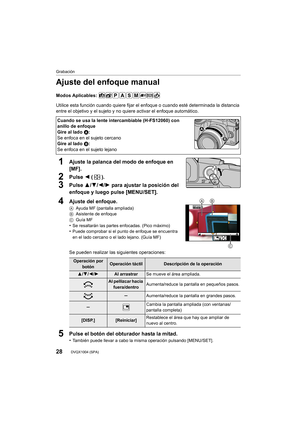 Page 28Grabación
28DVQX1004 (SPA)
Ajuste del enfoque manual
Modos Aplicables: 
Utilice esta función cuando quiere fijar el enfoque o cuando esté determinada la distancia 
entre el objetivo y el sujeto y no quiere activar el enfoque au tomático.
1Ajuste la palanca del modo de enfoque en 
[MF].
2Pulse 2 ().
3Pulse 3/4/2/1 para ajustar la posición del 
enfoque y luego pulse [MENU/SET].
4Ajuste del enfoque.
A Ayuda MF (pantalla ampliada)
B Asistente de enfoque
C Guía MF
•Se resaltarán las partes enfocadas. (Pico...