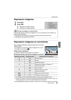 Page 4343
Reproducción
 (SPA) DVQX1004
Reproducir imágenes
1Pulse [(].
2Pulse  2/1.
Reproducir imágenes en movimiento
Esta unidad se diseñó para reproducir películas con formatos 
AVCHD y MP4.
•
Las imágenes en movimiento pueden visualizarse con el icono 
de imagen en movimiento ([ ]).
Pulse  3 para reproducir.
ATiempo de grabación de la imagen en movimiento
∫Operaciones durante la reproducción de imágenes en movimiento
¢1 La velocidad de avance/rebobinado rápido aumenta si presiona  1/2 de nuevo.
¢ 2 Cuando...