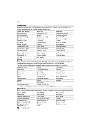 Page 46Menú
46DVQX1004 (SPA)
¢Esto le permite ajustar el volumen del sonido electrónico y el sonido electrónico de la obturación.
[Personalizar]
El funcionamiento de la unidad, como la visualización de la pantalla y las operaciones del 
botón, se pueden fijar de acuerdo con sus preferencias.
[Memo. Ajus. Personal] [Ayuda MF] [Area Grab.]
[Modo silencioso] [Mostrar ayuda MF][Visualización restante]
[AF/AE bloqueado] [Guía MF][Auto Reproducción]
[Mant. AF/AE Bloq.] [Contornos máximos][Ajustar botón Fn]
[AF...