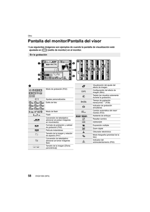 Page 58Otro
58DVQX1004 (SPA)
Pantalla del monitor/Pantalla del visor
•Las siguientes imágenes son ejemplos de cuando la pantalla de visualización está 
ajustada en [ ] (estilo de monitor) en el monitor.
En la grabación
BKT
BKT
BKT
BKT
BKT
BKT98
98
98200
0020020060
60
60
3.5
3.5
3.5
AFS
AFS
AFSBKT
BKT
BKTL4:3
0
0AEL
AEL
AELBKT
BKT
BKTAWB
AWB
AWB
60 p0é0å0ó
0é0å0ó
ISO
ISO
SS
SS
SS
F
FMINI
MINI
MINI
MINI··




Fn10
Fn10
Fn10
Fn10 Fn7 Fn7 Fn7
Fn7 Fn6 Fn6 Fn6
Fn6
Fn8 Fn8 Fn8
Fn8
Fn9
Fn9
Fn9
Fn9SNAP
SNAPSNAP...