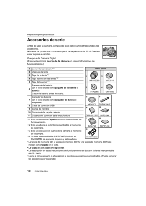 Page 10Preparación/principios básicos
10DVQX1004 (SPA)
Accesorios de serie
Antes de usar la cámara, compruebe que estén suministrados todos los 
accesorios.
Números de productos correctos a partir de septiembre de 2016.  Pueden 
estar sujetos a cambio.
Cuerpo de la Cámara Digital
(Esto se denomina  cuerpo de la cámara  en estas instrucciones de 
funcionamiento.)
¢ 1 Esto se denomina  Objetivo en estas instrucciones de 
funcionamiento.
¢ 2 Esto se adjunta a la lente intercambiable al momento 
de la compra.
¢ 3...