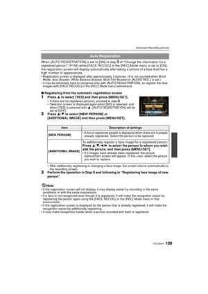 Page 109109VQT2G44
Advanced (Recording pictures)
When [AUTO REGISTRATION] is set to [ON] in step 3 of “Change the information for a 
registered person ” (P108) while [FACE RECOG.] in the [REC] Mode menu is set to [ON], 
the registration screen will display automatically  after taking a picture of a face that has a 
high number of appearances.
 Registration screen is displayed after approximately 3 pictures. (It is not counted when Burst 
Mode, Auto Bracket, White Balance Bracket, Multi Film Bracket or [AUDIO...