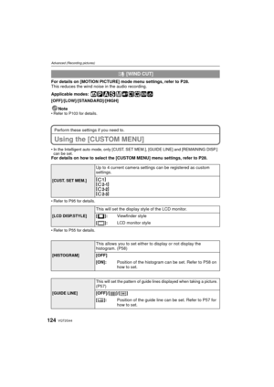 Page 124VQT2G44124
Advanced (Recording pictures)
For details on [MOTION PICTURE] mode menu settings, refer to P28.
This reduces the wind noise in the audio recording.
Applicable modes:
 
[OFF]/[LOW]/[STANDARD]/[HIGH]Note
Refer to P103 for details.
Perform these settings if you need to.
Using the [CUSTOM MENU]
In the Intelligent auto mode, only [CUST. SET MEM.], [GUIDE LINE] and [REMAINING DISP.] 
can be set.
For details on how to select the [CUSTOM MENU] menu settings, refer to P28.
Refer to P95 for details....