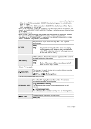 Page 127127VQT2G44
Advanced (Recording pictures)
–When 20 mm/F1.7 lens included in DMC-GF1C is attached: Approx. 1.0 m (3.28 feet) to 
3.5 m (11.5 feet)
– When 14 – 45 mm/F3.5– 5.6 lens included in DMC-GF1K is attached and at Wide: Approx. 
1.0m (3.28feet) to 3.0m (9.84feet)
 When you do not want to use the AF assist lamp  (e.g. when taking pictures of animals in dark 
places), set the [AF ASSIST LAMP] to [OFF]. In this case, it will become more difficult to focus 
on the subject.
 Remove the lens hood.
 When...