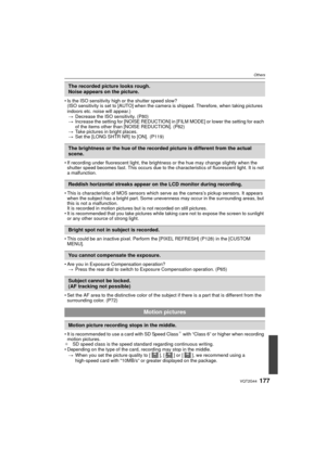 Page 177177VQT2G44
Others
Is the ISO sensitivity high or the shutter speed slow?
(ISO sensitivity is set to [AUTO] when the camera is shipped. Therefore, when taking pictures 
indoors etc. noise will appear.)
> Decrease the ISO sensitivity. (P80)
> Increase the setting for [NOISE REDUCTION] in [FILM MODE] or lower the setting for each 
of the items other than [NOISE REDUCTION]. (P82)
> Take pictures in bright places.
> Set the  [LONGSHTR NR]  to [ON]. (P119)
 If recording under fluorescent light, the brightness...