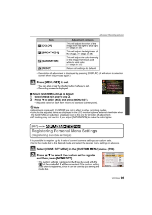 Page 9595VQT2G44
Advanced (Recording pictures)
Description of adjustment is displayed by pressing [DISPLAY]. (It will return to selection 
screen when it is pressed again.)
Press [MENU/SET] to set.
You can also press the shutter button halfway to set.
 Recording screen is displayed.
∫ Return [CUSTOM] settings to default1Select [RESET] in above step 2.
2Press  2 to select [YES] and press [MENU/SET].Adjusted value for each item returns to standard (center point).
NoteAdjustments made with [CUSTOM] are not in...