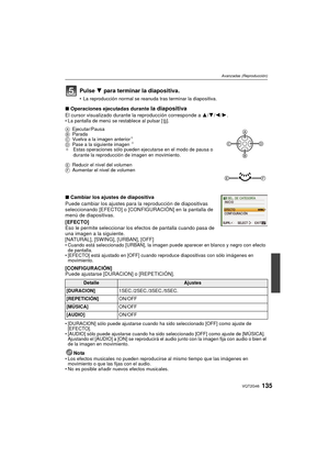 Page 135135VQT2G46
Avanzadas (Reproducción)
∫Operaciones ejecutadas durante la diapositivaEl cursor visualizado durante la reproducción corresponde a  3/4 /2 /1. La pantalla de menú se restablece al pulsar [ ‚].
∫ Cambiar los ajustes de diapositiva
Puede cambiar los ajustes para la reproducción de diapositivas 
seleccionando [EFECTO] o [CONFIGURACIÓN] en la pantalla de 
menú de diapositivas.
[EFECTO]
Eso le permite seleccionar los efectos de pantalla cuando pasa de 
una imagen a la siguiente.
[NATURAL], [SWING],...
