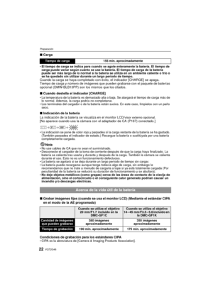 Page 22VQT2G4622
Preparación
∫Carga
El tiempo de carga se indica para cuando se agote enteramente la batería. El tiempo de 
carga puede variar según cuánto se use la batería. El tiempo de carga de la batería 
puede ser más largo de lo normal si la batería se utiliza en un ambiente caliente o frío o 
se ha quedado sin utilizar durante un largo período de tiempo.
Cuando la carga se haya completado con éxito, el indicador [CHARGE] se apaga.
Tiempo de carga y número de imágenes que pueden  grabarse con el paquete...