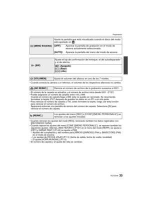 Page 3535VQT2G46
Preparación
Cuando conecta la cámara a un televisor, el volumen de los respectivos altavoces no cambia.
 El número de la carpeta se actualiza y el número de archivo inicia desde 0001. (P157)
 Puede asignarse un número de carpeta entre 100 y 999.
Cuando el número de carpeta llega a 999, éste no puede ser reiniciado. Se recomienda 
formatear la tarjeta (P37) después de guardar los datos en un PC o en otra parte.
 Para reiniciar el número de carpeta a 100, antes formatee la tarjeta, luego use esta...