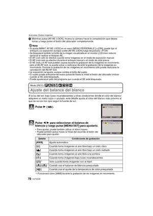 Page 78VQT2G4678
Avanzadas (Grabar imágenes)
3Mientras pulsa [AF/AE LOCK], mueva la cámara hacia la composición que desea 
tomar y luego pulse el botón del obturador completamente.
Nota
 Si ajusta [MANT. AF/AE LOCK] en el menú  [MENÚ PERSONALIZ.] a [ON], puede fijar el 
enfoque y la exposición aunque suelte [AF/AE LOCK] luego de pulsarlo. (P128)
 Se bloqueará también el brillo de la imagen visualizada en el monitor LCD/visor externo 
opcional al realizar el bloqueo AE.
 El AF Lock sólo es efectivo cuando toma...