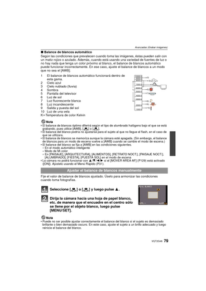 Page 7979VQT2G46
Avanzadas (Grabar imágenes)
∫Balance de blancos automático
Según las condiciones que prevalecen cuando  toma las imágenes, éstas pueden salir con 
un matiz rojizo o azulado. Además, cuando es tá usando una variedad de fuentes de luz o 
no hay nada que tenga un color próximo al blanco, el balance de blancos automático 
puede funcionar incorrectamente. En ese ca so, ajuste el balance de blancos a un modo 
que no sea el [AWB].
1 El balance de blancos automático funcionará dentro de  esta gama.
2...