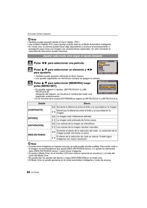 Page 84VQT2G4684
Avanzadas (Grabar imágenes)
NotaTambién puede ajustarlo desde el menú rápido. (P31)
 Use el Menú Rápido (P31) para ajustar cua ndo esté en el Modo Automático Inteligente.
 En modo cine, la cámara puede hacer algo equivalente a arrancar el procesamiento o 
proseguirlo para crear una imagen con características especiales. En este momento la 
velocidad de obturación puede reducirse.
Pulse  2/1 para seleccionar una película.
Pulse  3/4 para seleccionar un elemento y  2/1 
para ajustarlo.
 También...