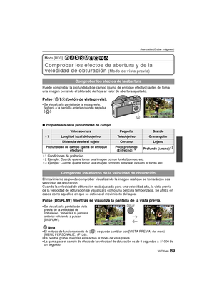 Page 8989VQT2G46
Avanzadas (Grabar imágenes)
Modo [REC]: 
Comprobar los efectos de abertura y de la 
velocidad de obturación 
(Modo de vista previa)
Puede comprobar la profundidad de campo (gama de enfoque efectivo) antes de tomar 
una imagen cerrando el obturado de hoja al valor de abertura ajustado.
Pulse [ ] A (botón de vista previa).
Se visualiza la pantalla de la vista previa. 
Volverá a la pantalla anterior cuando se pulsa 
[].
∫ Propiedades de la profundidad de campo
¢1 Condiciones de grabación
¢ 2...