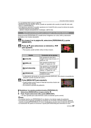 Page 9797VQT2G46
Avanzadas (Grabar imágenes)
La sensibilidad ISO se fijará a [AUTO].
 [ESPACIO COLOR], [EXPO. INTEL.] puede ser ajustado sólo cuando el modo Mi color esté 
fijado en [PERSONALIZ.].
 Las siguientes opciones no pueden ajustarse en el modo Mi color ya que la cámara las ajusta 
automáticamente de forma óptima.
–
[MODO CINE]/[FLASH]/[SINCRO FLASH]/[AJ. LÍMITE ISO]
Seleccionando [PERSONALIZ.], puede tomar imágenes con color, brillo y saturación 
ajustados a los niveles deseados.
En el paso 2 en la...