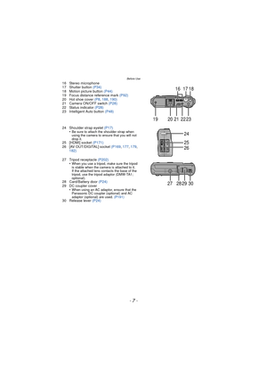 Page 7- 7 -
Before Use
16 Stereo microphone
17 Shutter button (P34)
18 Motion picture button  (P44)
19 Focus distance reference mark  (P92)
20 Hot shoe cover  (P8, 188 , 190)
21 Camera ON/OFF switch  (P28)
22 Status indicator  (P28)
23 Intelligent Auto button  (P48)
24 Shoulder strap eyelet  (P17)
•
Be sure to attach the shoulder strap when 
using the camera to ensure that you will not 
drop it.
25 [HDMI] socket  (P171)
26 [AV OUT/DIGITAL] socket  (P169, 177 , 179, 
182)
27 Tripod receptacle (P202) •
When you...