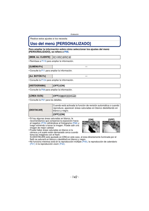 Page 142Grabación
- 142 -
Realice estos ajustes si los necesita
Uso del menú [PERSONALIZADO]
Para ampliar la información sobre cómo seleccionar los ajustes del menú 
[PERSONALIZADO], se refiera a P56.
•
Remítase a  P118 para ampliar la información.
•Consulte la  P11 para ampliar la información.
•Consulte la  P104 para ampliar la información.
•Consulte la P68 para ampliar la información.
•Consulte la  P67 para los detalles.
•Si hay algunas áreas saturadas en blanco, le 
recomendamos que compense la exposición...