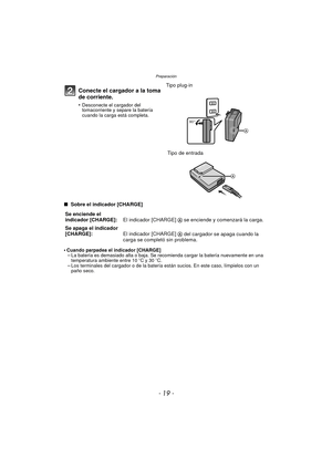 Page 19- 19 -
Preparación
∫ Sobre el indicador [CHARGE]
•
Cuando parpadea el indicador [CHARGE]–La batería es demasiado alta o baja. Se recomienda cargar la batería nuevamente en una 
temperatura ambiente entre 10 oC y 30 oC.
–Los terminales del cargador o de la batería están sucios. En este caso, límpielos con un 
paño seco.
Conecte el cargador a la toma 
de corriente.
•Desconecte el cargador del 
tomacorriente y separe la batería 
cuando la carga está completa.
Tipo plug-in
 Tipo de entrada
Se enciende el...