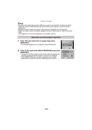 Page 183- 183 -
Conexión a otro equipo
Nota
•No utilice otros cables de conexión USB que no sean el suministrado. El hecho de utilizar 
cables de conexión USB diferentes del su ministrado puede originar un funcionamiento 
defectuoso.
•Apague la cámara antes de conectar o desconectar el adaptador de CA (opcional).•Antes de insertar o quitar una tarjeta, apague la cámara y desconecte el cable de conexión 
USB.
•Las imágenes en movimiento grabadas no se pueden imprimir.
Seleccionar una única imagen e imprimirla...