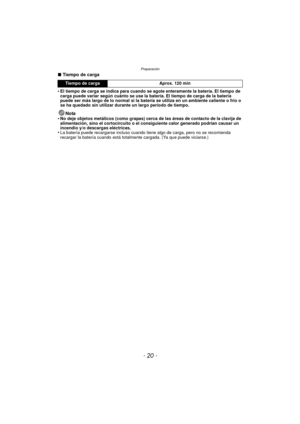 Page 20Preparación
- 20 -
∫Tiempo de carga
•
El tiempo de carga se indica para cuando se agote enteramente la batería. El tiempo de 
carga puede variar según cuánto se use la batería. El tiempo de carga de la batería 
puede ser más largo de lo normal si la batería se utiliza en un ambiente caliente o frío o 
se ha quedado sin utilizar durante un largo período de tiempo.
Nota
•No deje objetos metálicos (como grapas) cerca de las áreas de contacto de la clavija de 
alimentación, sino el cortocircuito o el...