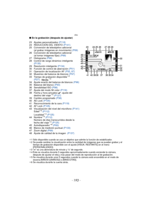 Page 193- 193 -
Otro
∫En la grabación (después de ajustar)
23 Ajustes personalizados (P118)
24 REDUCCIÓN DEL VIENTO (P141)
25 Conversión de teleobjetivo adicional  (al grabar imágenes en movimiento)  (P69)
26 Conversión de teleobjetivo adicional  (al tomar imágenes fijas)  (P69)
27 Histograma  (P68)
28 Control de rango dinámico inteligente  (P135)
29 Resolución inteligente (P134)
30 Función de control de aberración  (P51)
31 Operación de localización AF  (P50, 87)
32 Muestreo del balance de blancos  (P97)
33...
