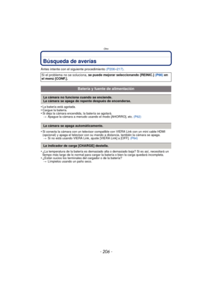 Page 206Otro
- 206 -
Búsqueda de averías
Antes intente con el siguiente procedimiento (P206–217) .
•
La batería está agotada.•Cargue la batería.•Si deja la cámara encendida, la batería se agotará. > Apague la cámara a menudo usando el modo [AHORRO], etc.  (P62)
•Si conecta la cámara con un televisor compatible con VIERA Link con un mini cable HDMI 
(opcional) y apaga el televisor con su mando a distancia, también la cámara se apaga.
> Si no está usando VIERA Link, ajuste [VIERA Link] a [OFF].  (P64)
•¿La...