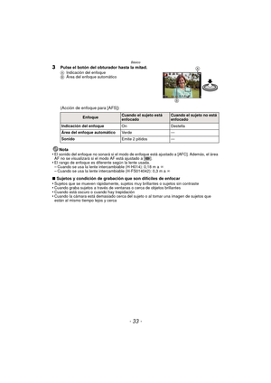 Page 33- 33 -
Básico
3Pulse el botón del obturador hasta la mitad.AIndicación del enfoque
B Área del enfoque automático
(Acción de enfoque para [AFS])
Nota
•
El sonido del enfoque no sonará si el modo de enfoque está ajustado a [AFC]. Además, el área 
AF no se visualizará si el modo AF está ajustado a [ ].
•El rango de enfoque es diferente según la lente usada.–Cuando se usa la lente intercambiable (H-H014): 0,18 m a ¶
–Cuando se usa la lente intercambiable (H-FS014042): 0,3 m a ¶
∫ Sujetos y condición de...