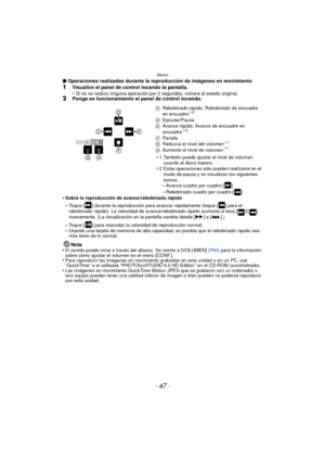 Page 47- 47 -
Básico
∫Operaciones realizadas durante la reproducción de imágenes en movimiento1Visualice el panel de control tocando la pantalla.
•Si no se realiza ninguna operación por 2 segundos, volverá al estado original.2Ponga en funcionamiento el panel de control tocando.
•
Sobre la reproducción de avance/rebobinado rápido
–Toque [ ] durante la reproducción para avanzar rápidamente (toque [ ] para el 
rebobinado rápido). La velocidad de avance/ rebobinado rápido aumenta si toca [ ]/[ ] 
nuevamente. (La...