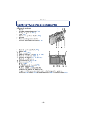 Page 6Antes del uso
- 6 -
Nombres y funciones de componentes
∫Cuerpo de la cámara
1 Sensor
2 Indicador del autodisparador  (P83)/
Testigo de ayuda AF  (P144)
3Flash  (P71)
4 Ranura para ajustar el objetivo  (P15)
5 Montura
6 Palanca de bloqueo del objetivo
7 Botón de desbloqueo del objetivo (P16)
8 Botón de apertura del flash  (P71)
9Altavoz  (P47)
10 Disco trasero  (P10)
11 Panel táctil/Monitor LCD  (P9, 38,  67, 192)
12 Botón de reproducción  (P38, 46)
13 Botón [Q.MENU/Fn]  (P11, 58,  89, 104) /
Botón de...