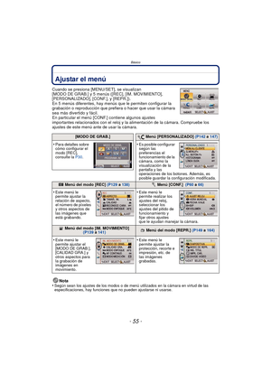 Page 55- 55 -
Básico
Ajustar el menú
Cuando se presiona [MENU/SET], se visualizan 
[MODO DE GRAB.] y 5 menús ([REC], [IM. MOVIMIENTO], 
[PERSONALIZADO], [CONF.], y [REPR.]).
En 5 menús diferentes, hay menús que le permiten configurar la 
grabación o reproducción que prefiera o hacer que usar la cámara 
sea más divertido y fácil.
En particular el menú [CONF.] contiene algunos ajustes 
importantes relacionados con el reloj y la  alimentación de la cámara. Compruebe los 
ajustes de este menú ante de usar la...